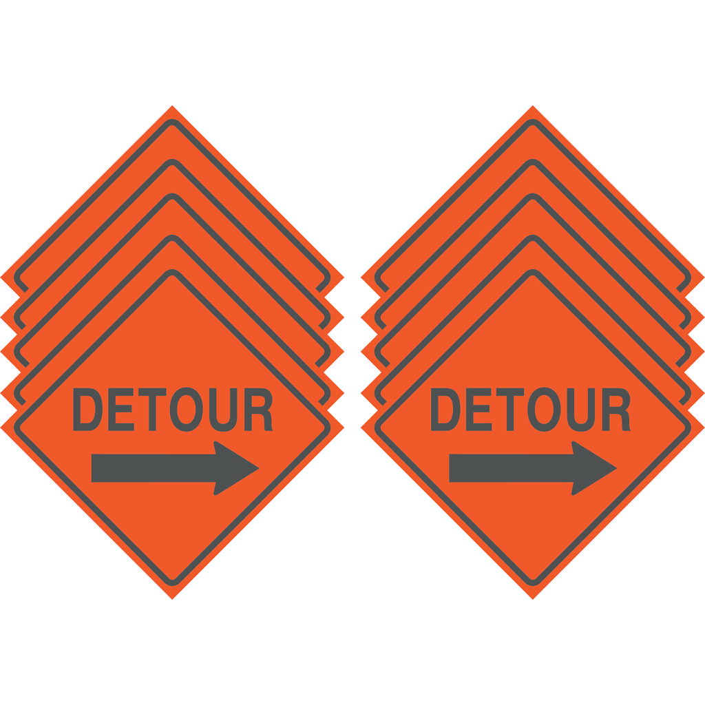 Reflective Water-Resistant DETOUR RIGHT ARROW Polyboard Construction Sign (Pack of 10)